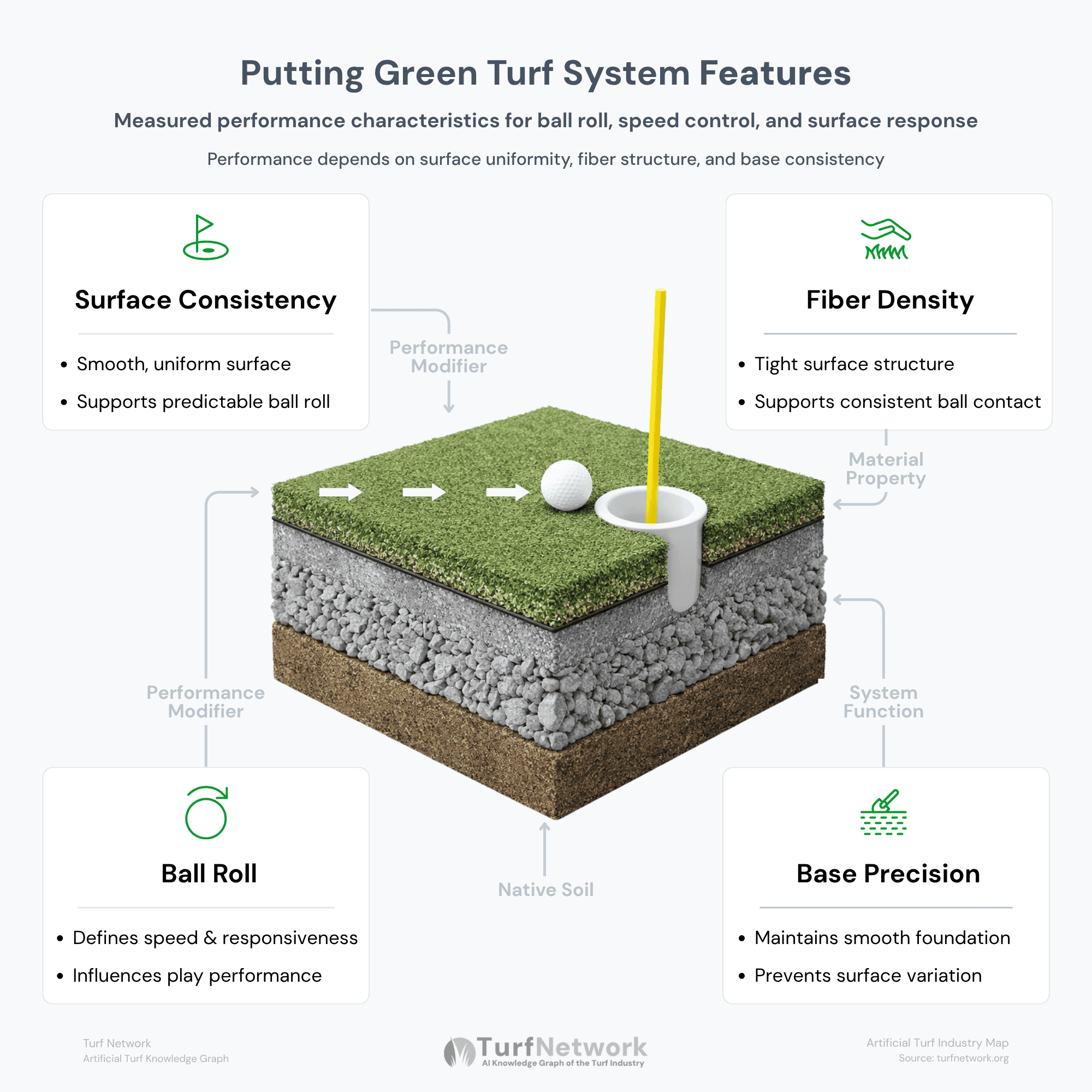 Cross-section diagram of an artificial turf backyard putting green turf system features showing surface consistency, ball roll, fiber density, and base precision
