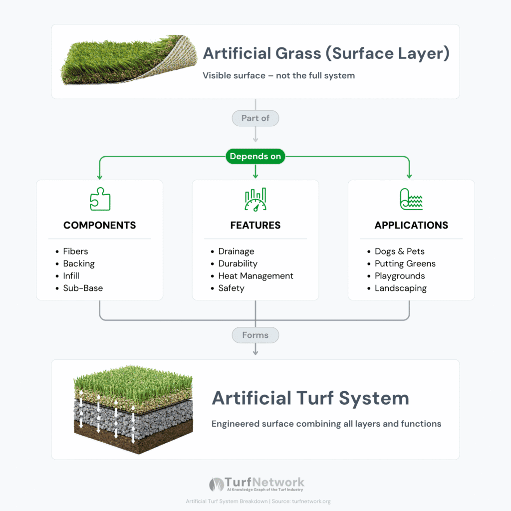 Diagram showing artificial grass as the surface layer connected to components, features, and applications within a turf system