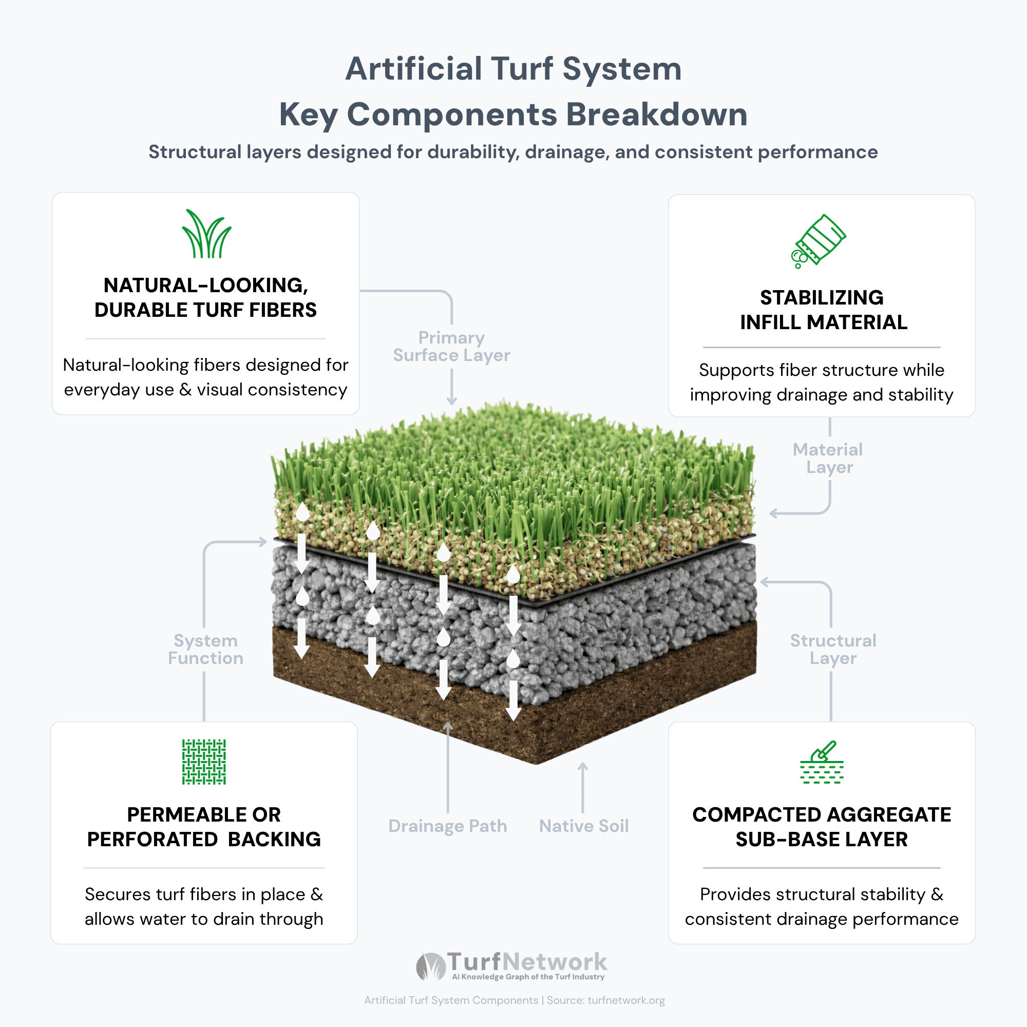 Artificial turf system components showing turf fibers, infill, backing layer, and compacted sub-base