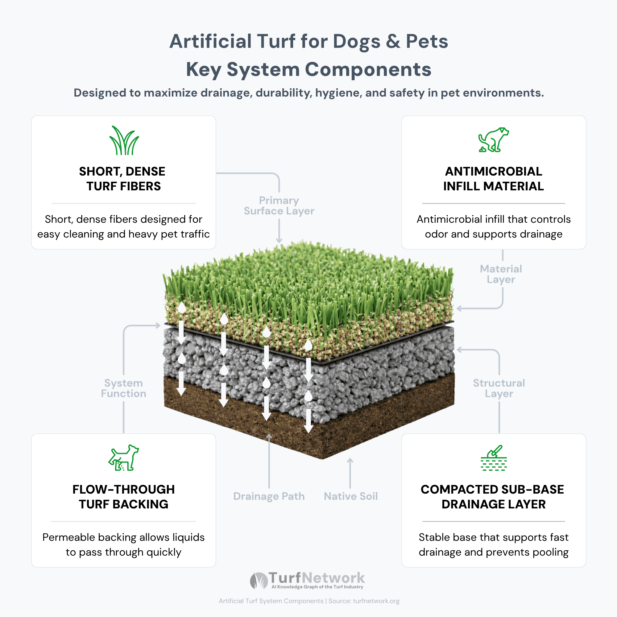 Cross-section diagram of pet turf system showing short dense fibers, antimicrobial infill, flow-through backing, and compacted drainage base for fast liquid drainage