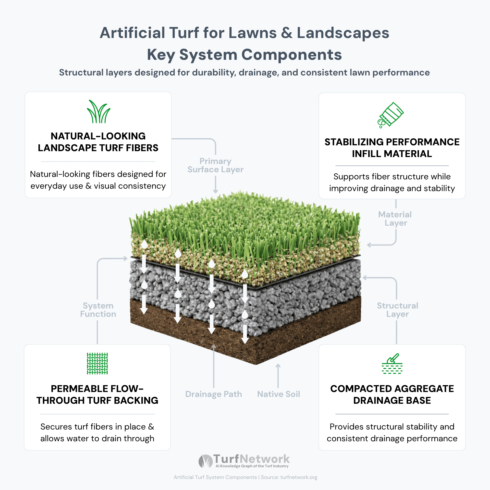 Cross-section diagram of residential lawn artificial turf system showing turf fibers, silica sand infill, permeable backing, and compacted aggregate base for drainage and stability