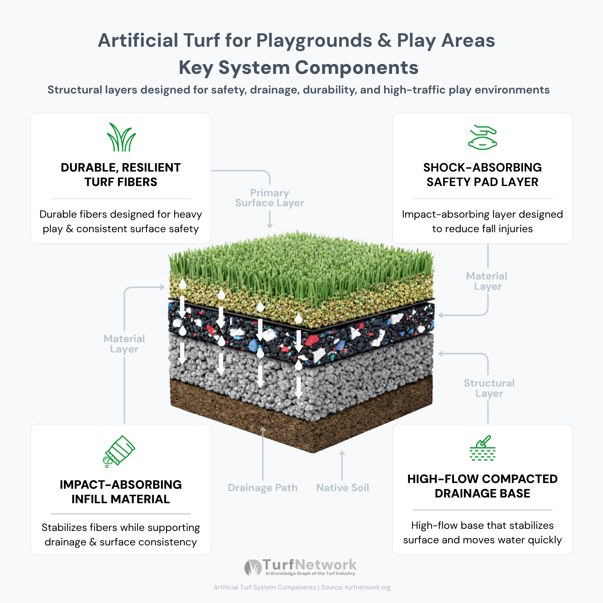 Cross-section diagram of playground artificial turf system including durable turf fibers, infill, shock pad layer, and compacted drainage base for safety and fall protection