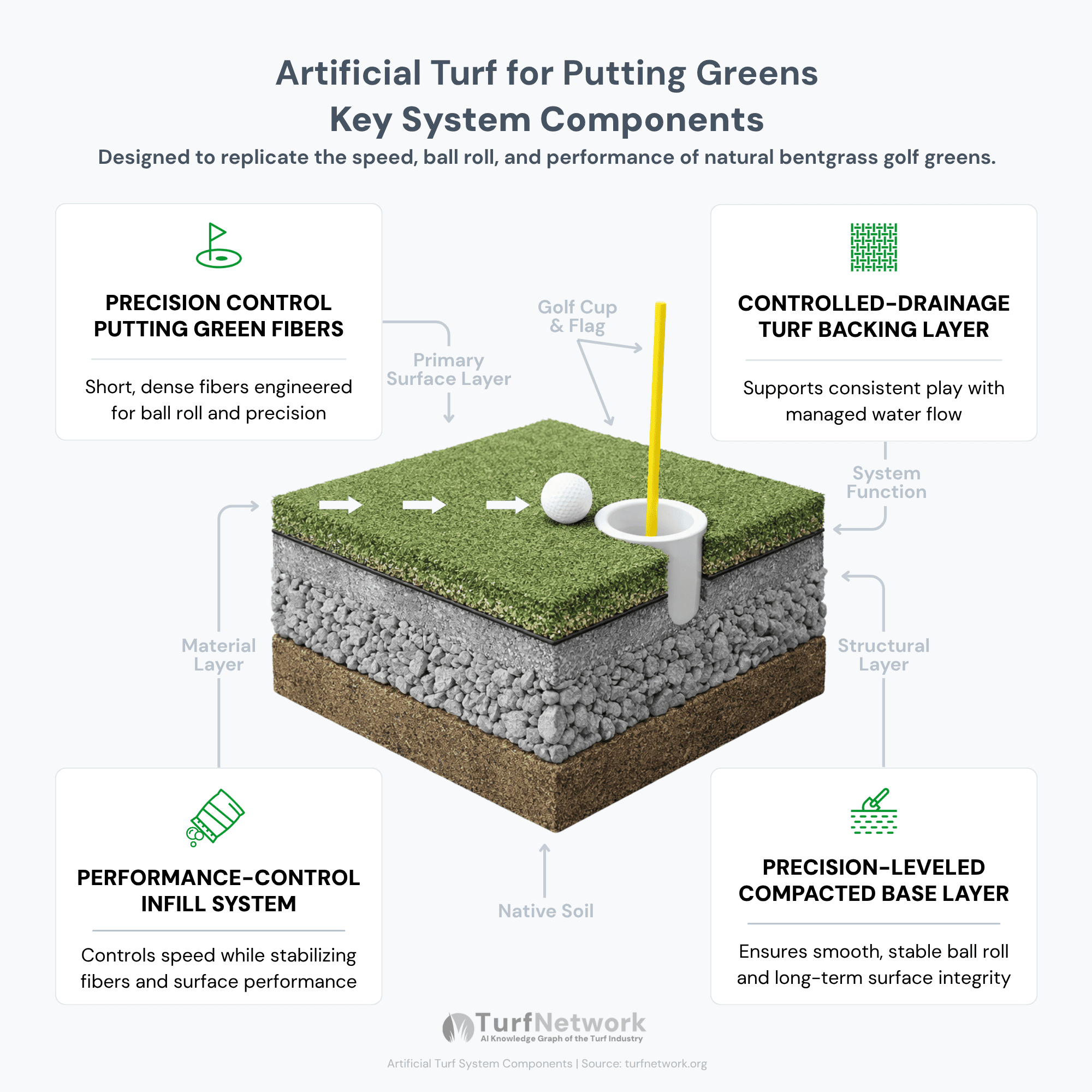 Cross-section diagram of putting green artificial turf system with short dense fibers, performance infill, controlled-drainage backing, and precision-leveled base