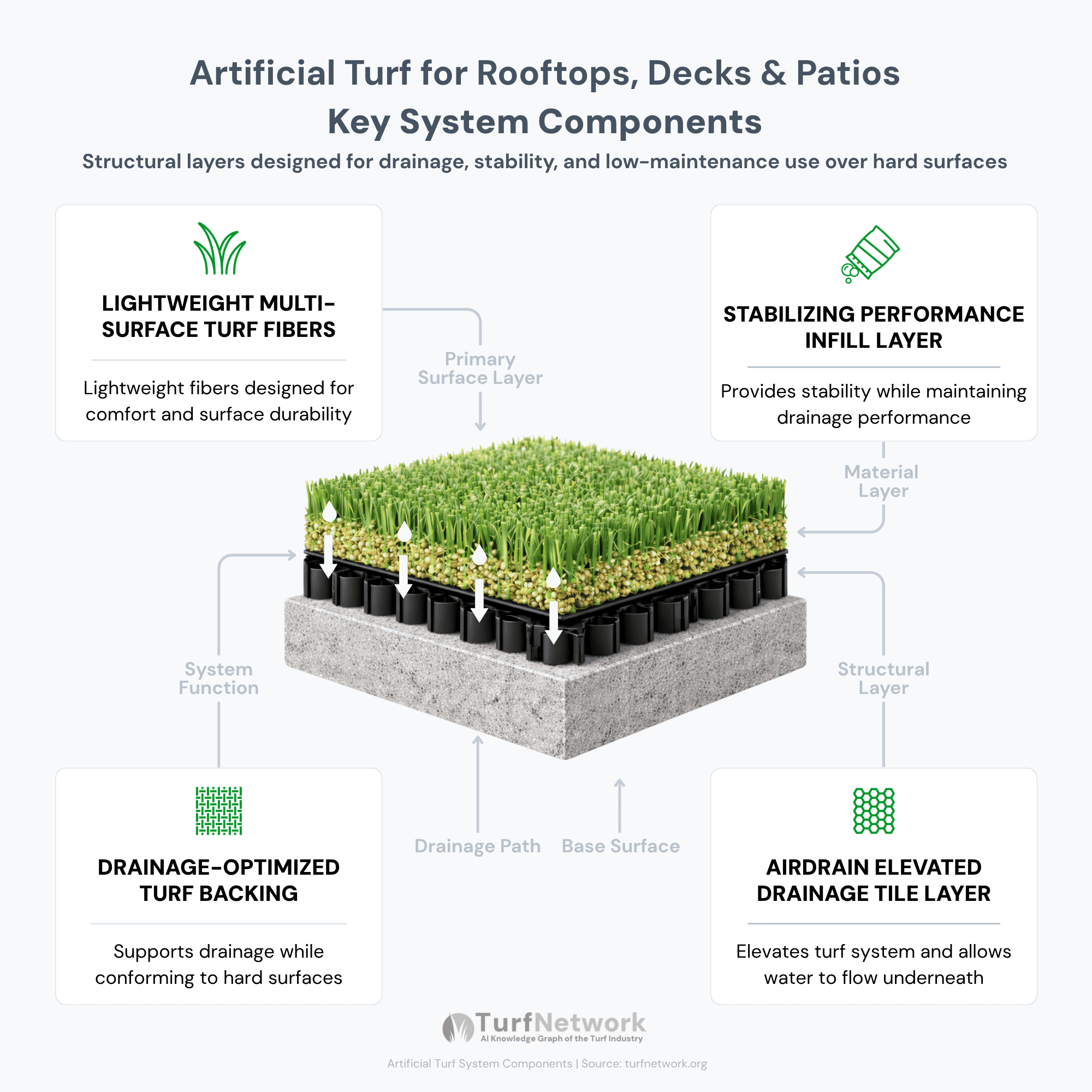 Cross-section diagram of artificial turf for rooftops and patios with turf fibers, infill, flexible backing, and AirDrain drainage tile system over a solid surface