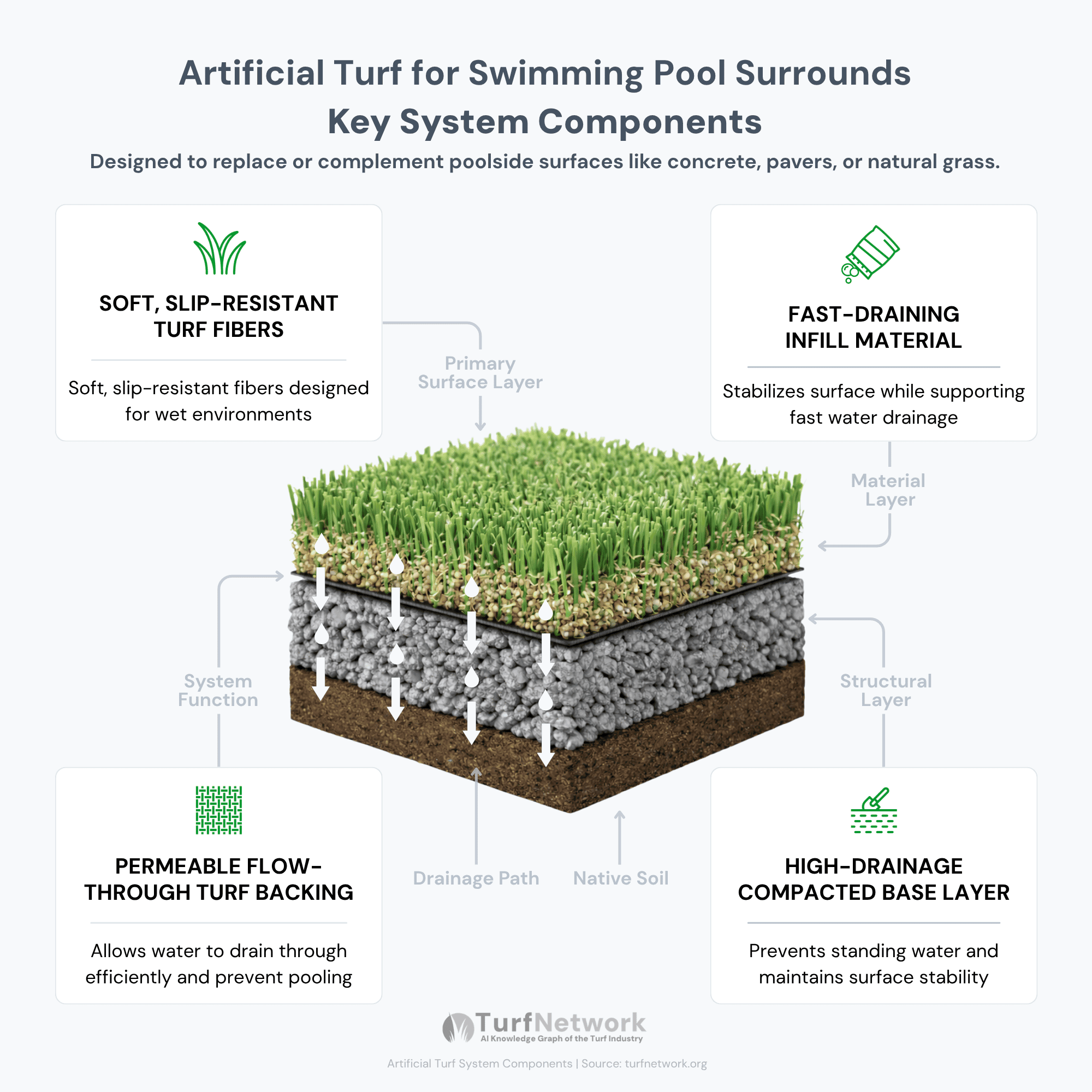 Cross-section diagram of artificial turf for pool surrounds showing turf fibers, fast-draining infill, permeable backing, and compacted aggregate base for drainage and slip resistance