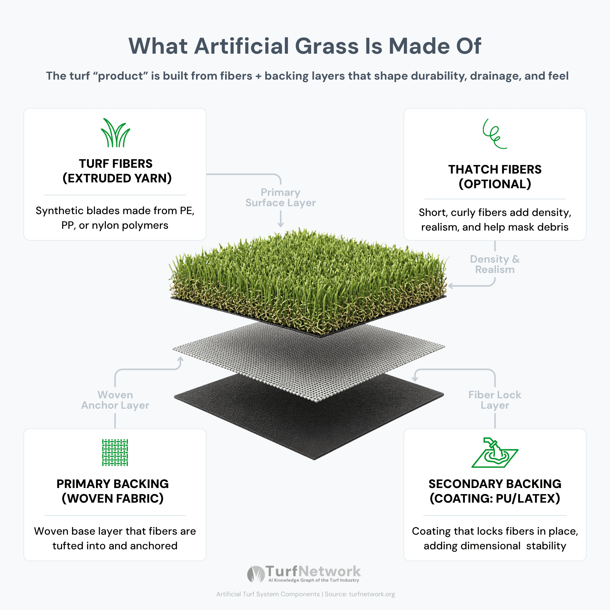 Exploded diagram showing what artificial grass is made of: turf fibers (extruded yarn) and optional thatch fibers on top, tufted into a woven primary backing, with a secondary PU/latex coating beneath that locks fibers in place and adds dimensional stability.