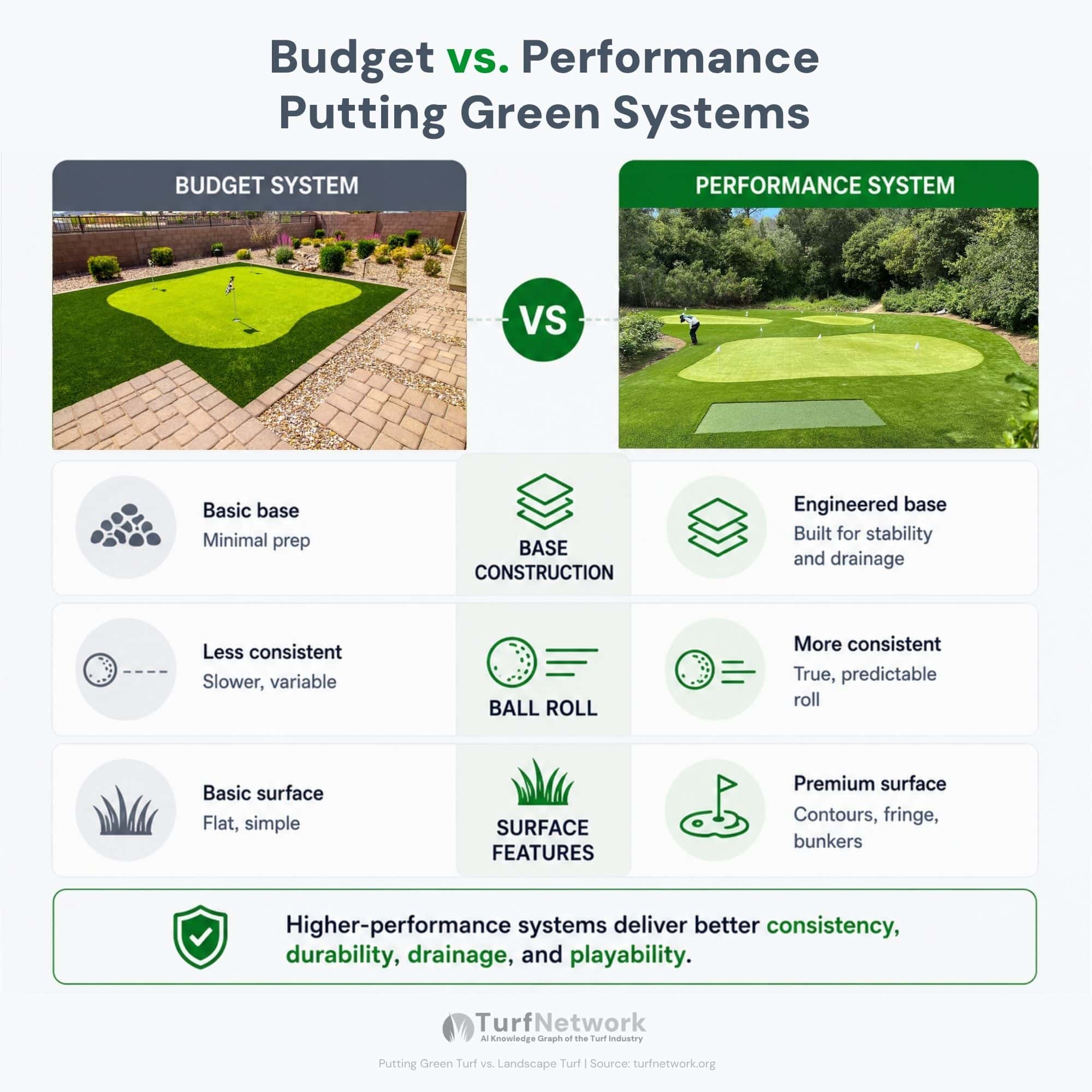 Diagram showing the differences between budget and performance putting green systems.