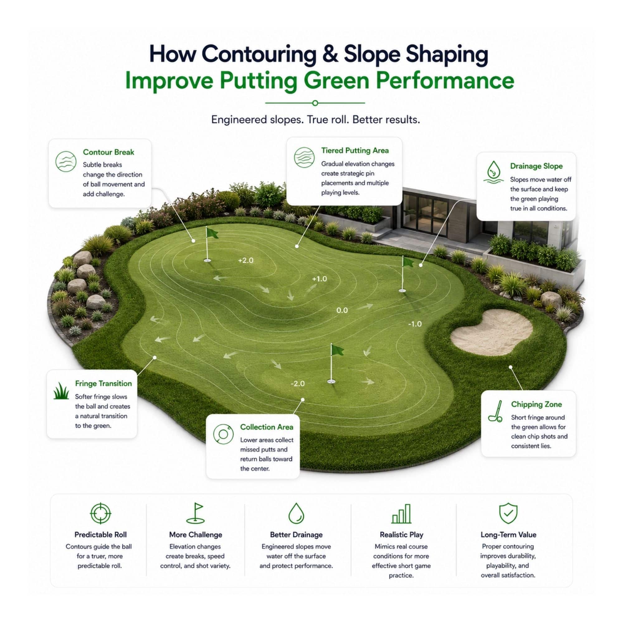 Diagram showing how contouring and slope shaping improve artificial turf putting green performance.