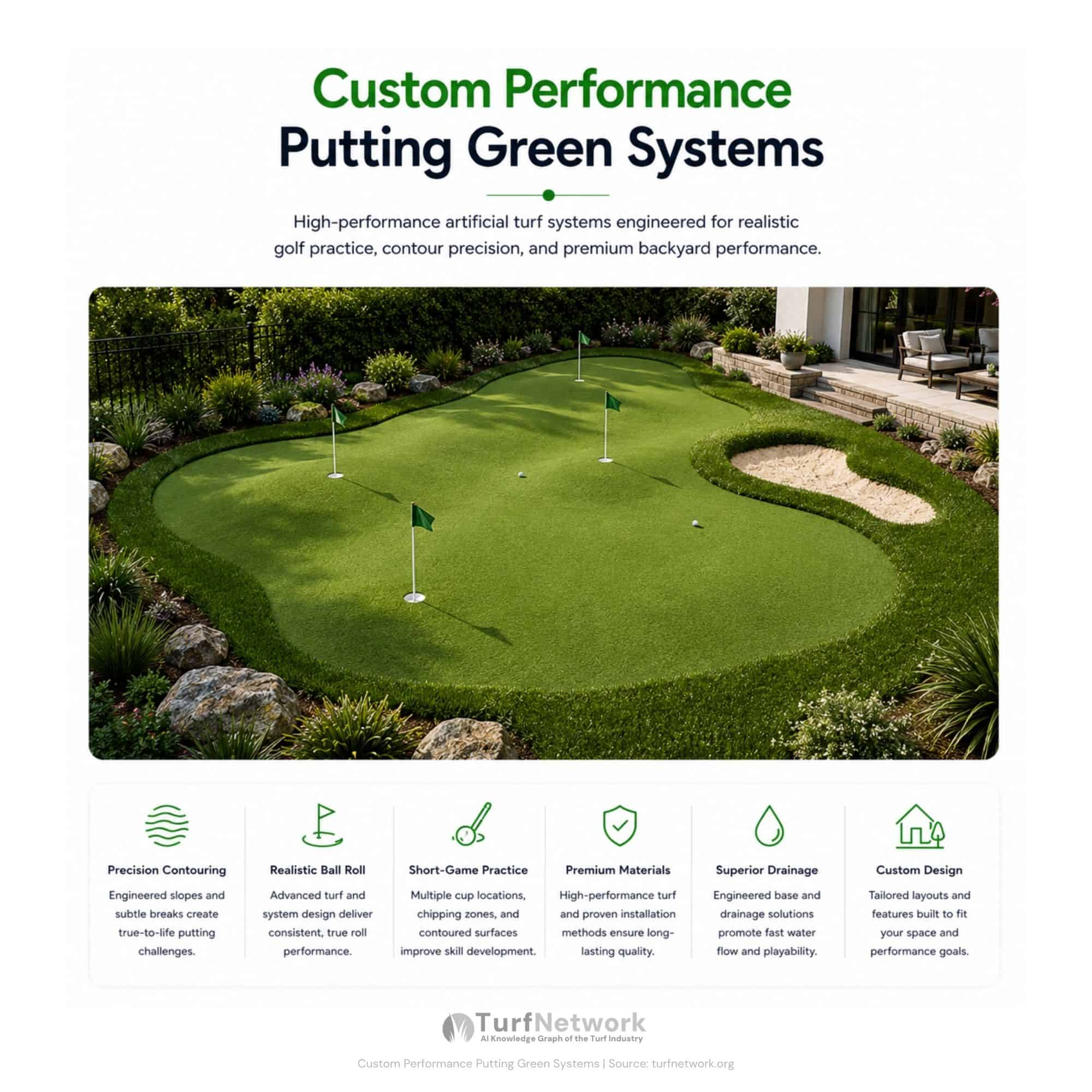 Diagram showing custom high performance putting green system engineered for realistic golf practice, contour precision, and premium performance.