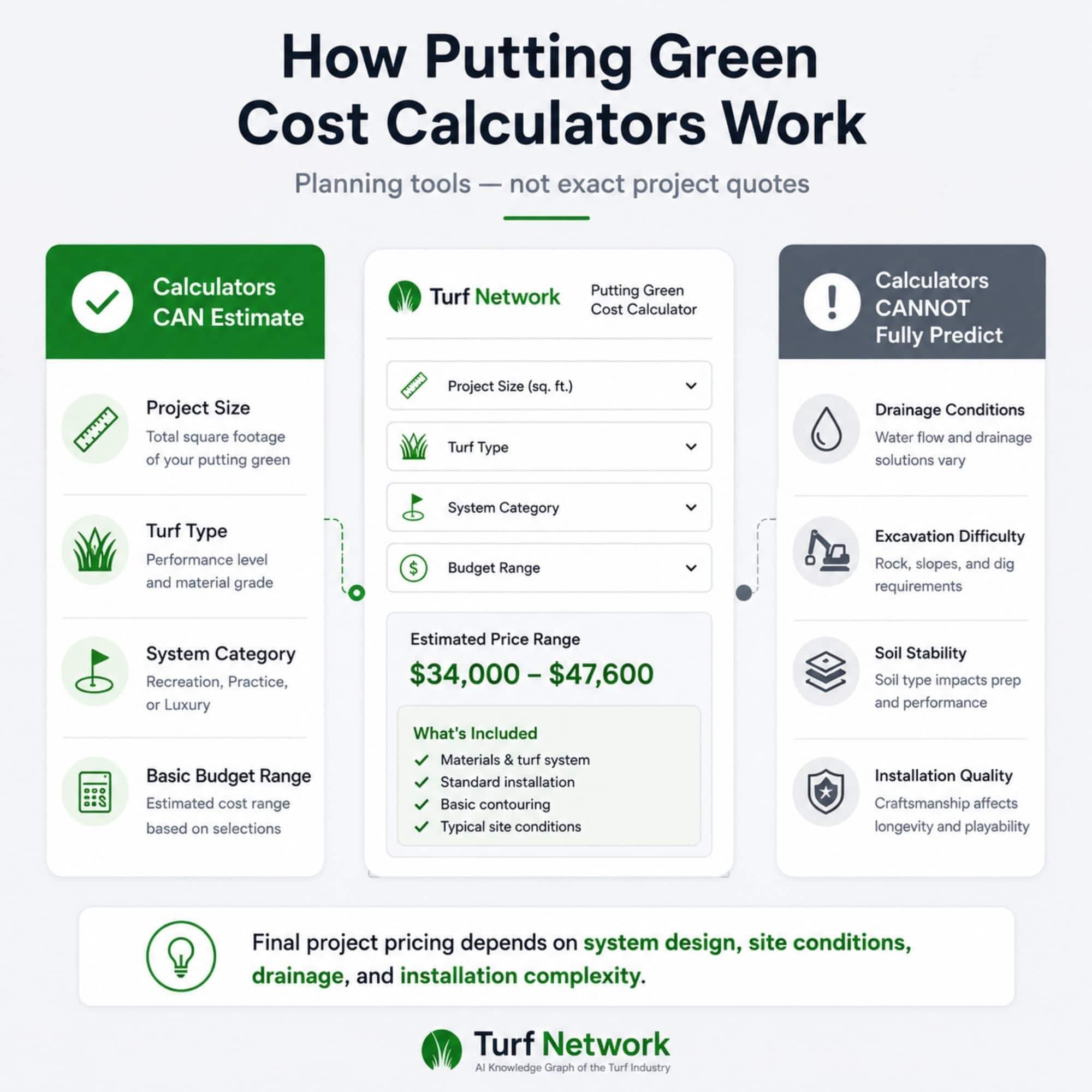 Diagram showing how putting green cost calculators work, including the factors they can and cannot factor into the cost