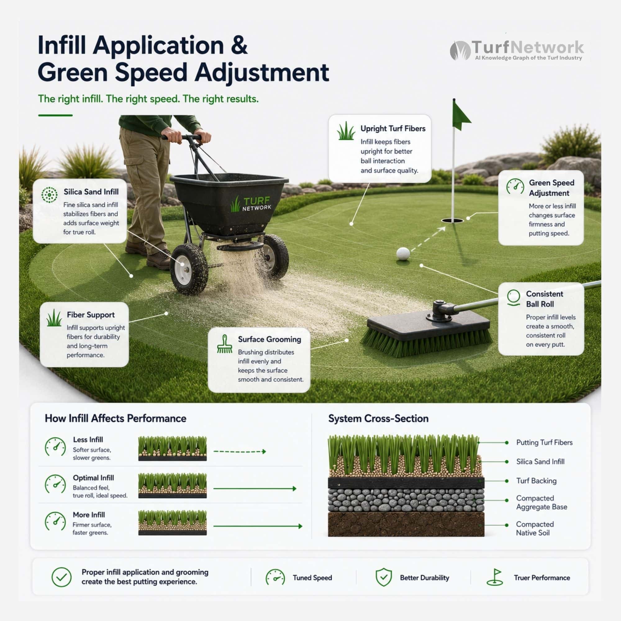 Diagram showing how infill is used to adjust green speed on artificial turf putting greens.