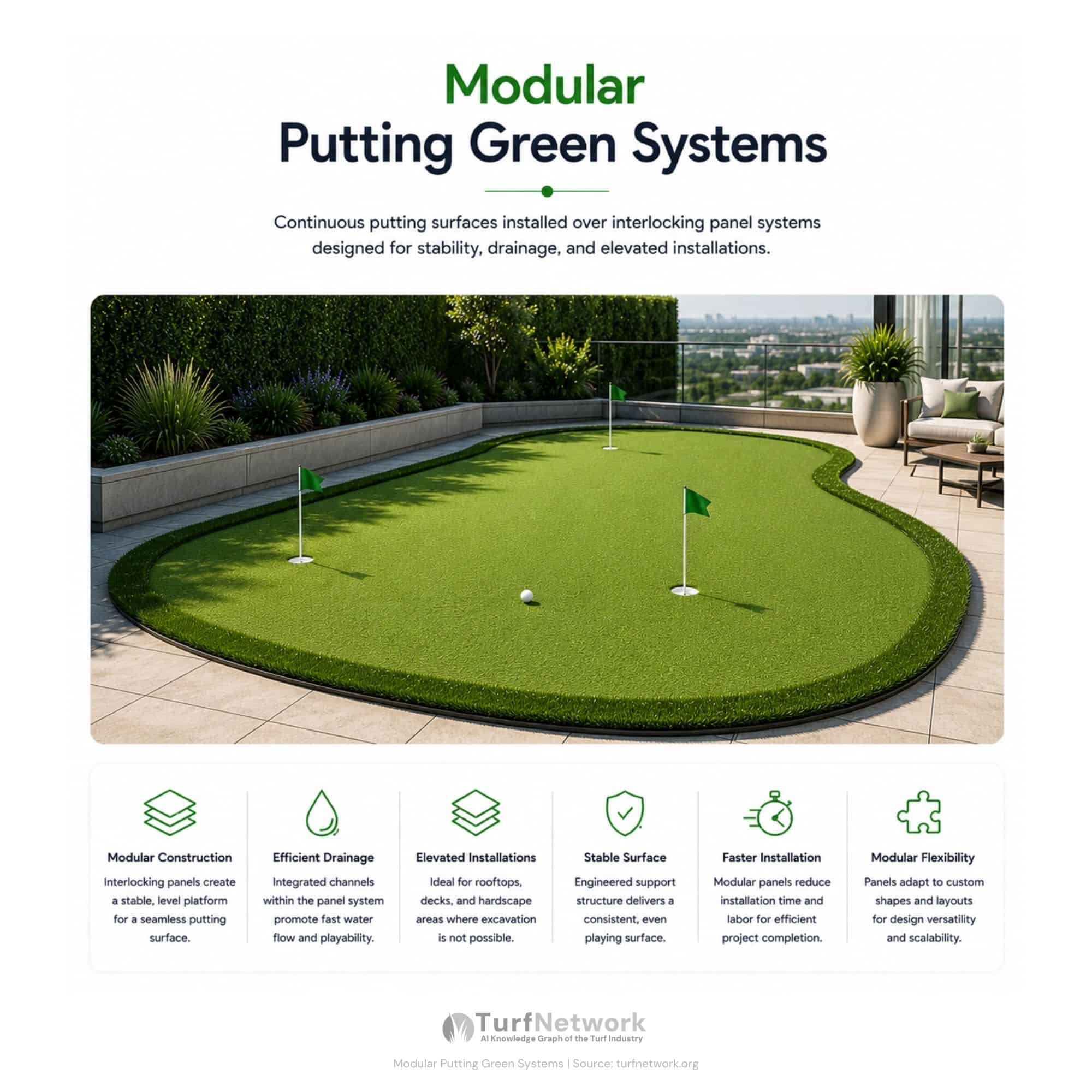 Diagram showing modular putting green system installed over interlocking panel systems designed for stability, drainage, and elevated installations.