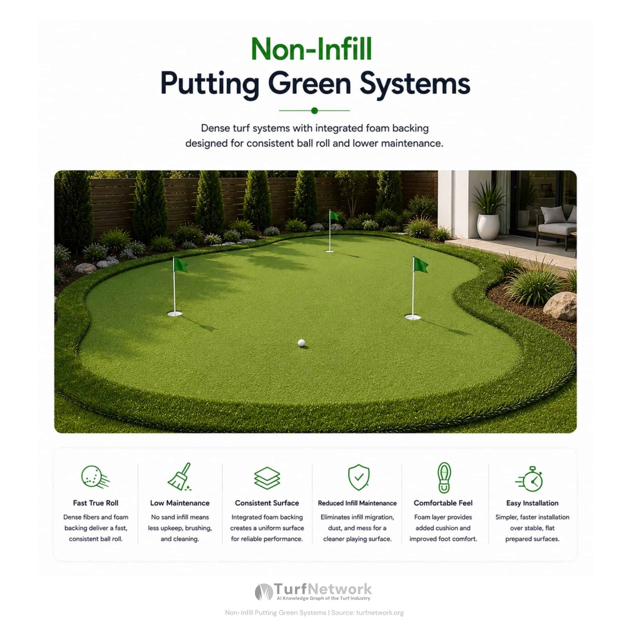 Diagram showing non-infill putting green system with integrated foam backing, designed for consistent ball roll and lower maintenance.