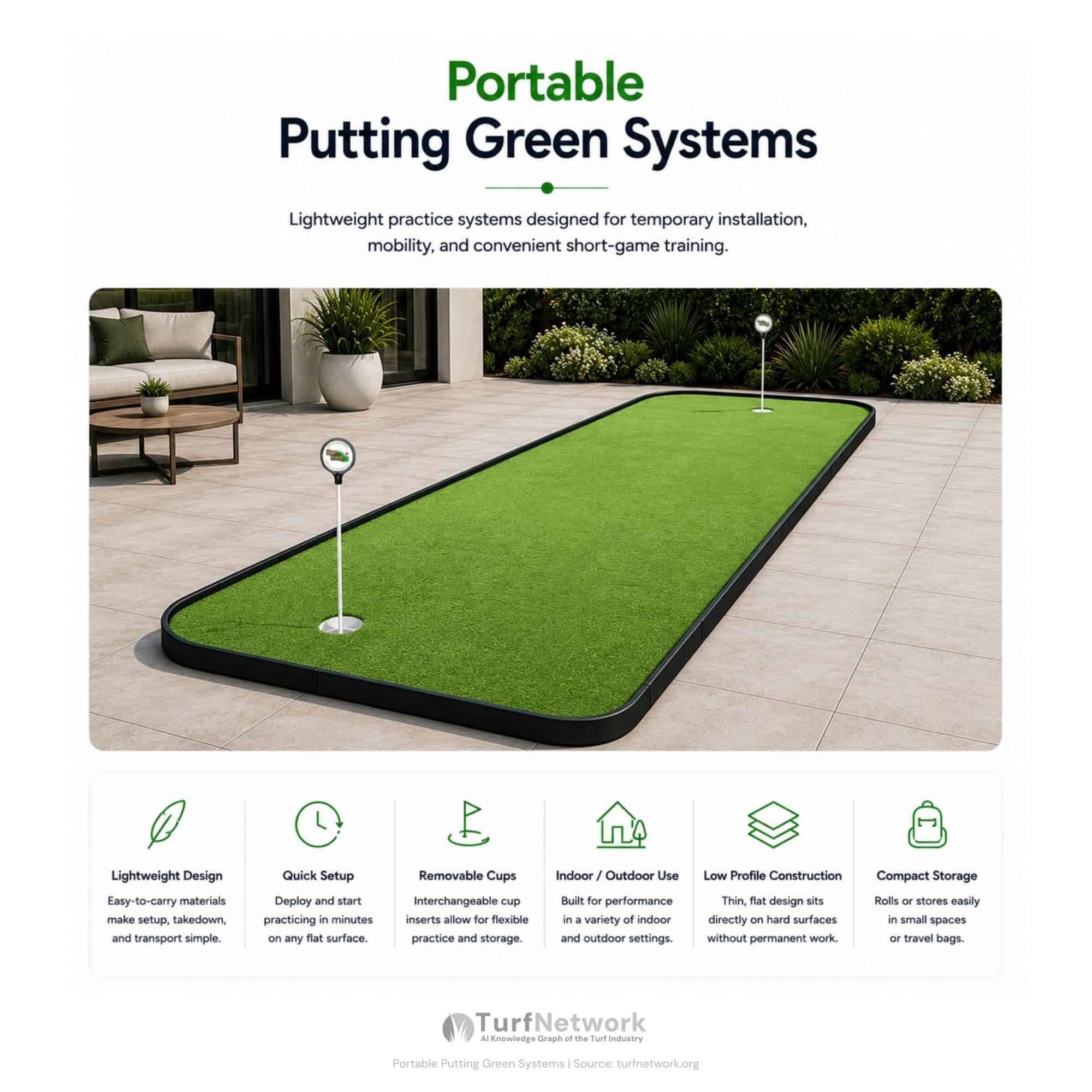 Diagram showing portable practice putting green system designed for temporary installation and short-game training.
