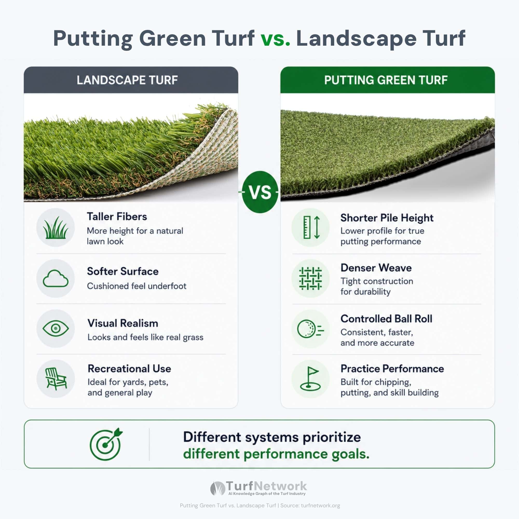 Diagram showing the differences between putting green turf and standard landscape turf