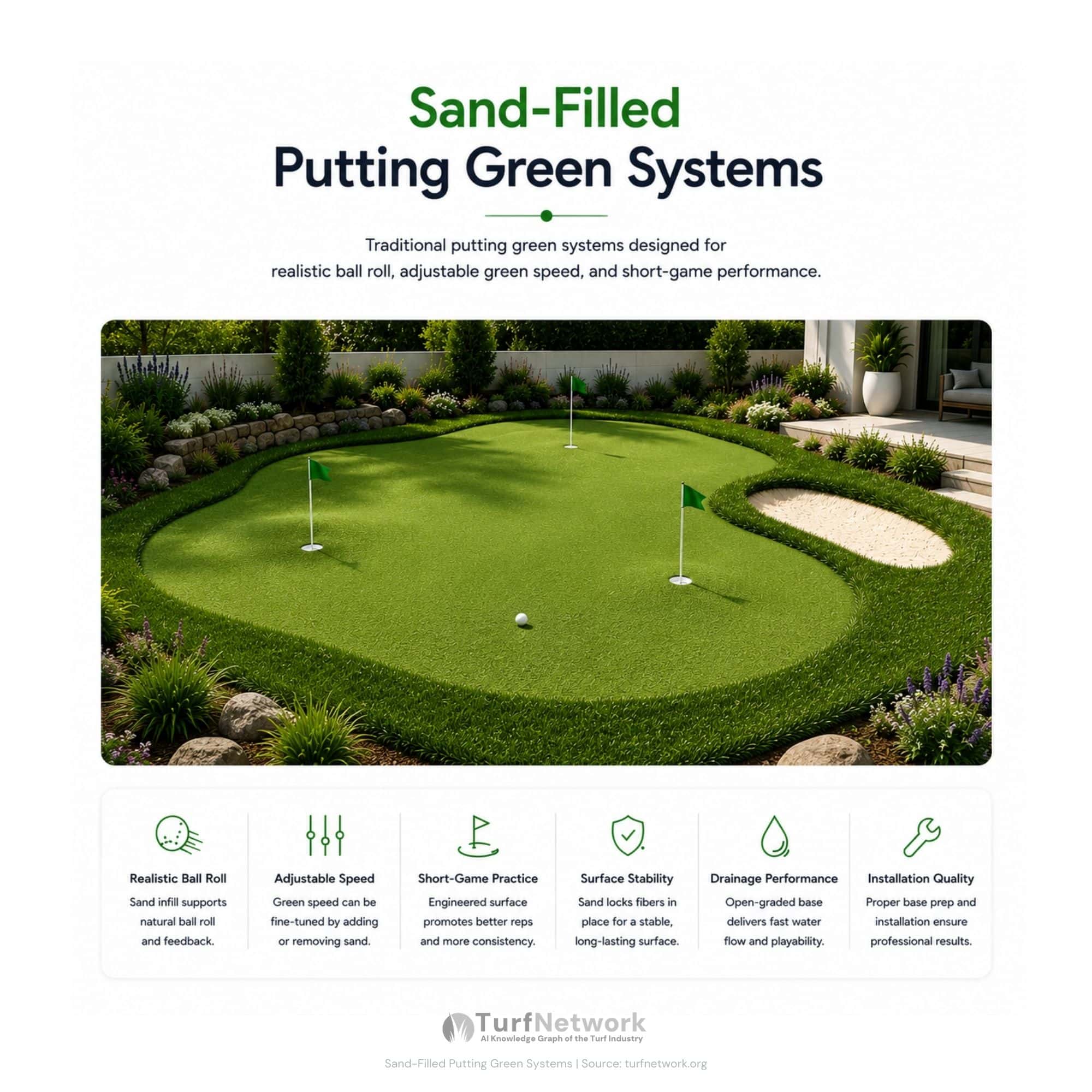 Diagram showing traditional sand-filled putting green systems designed for ball roll, green speed, and performance.